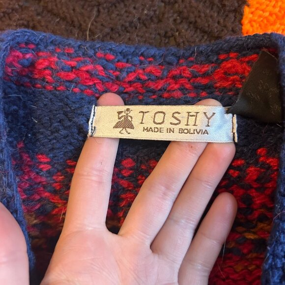 70s 80s 100% pure wool knitted red and blue cardigan - Toshy Made In Bolivia! - Picture 13 of 15